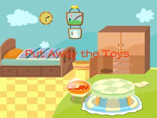 Opening frame of “Put Away the Toys”, activity 1B Unit 4 Lesson 6 — an interactive activity.
