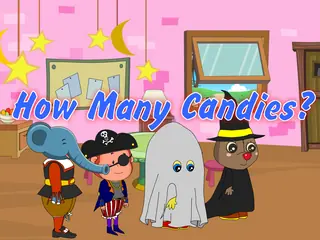 Opening frame of “How Many Candie?”, activity 4A Unit 2 Lesson 7 — an interactive activity.